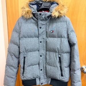 Tommy Hilfiger Charcoal Puffer Jacket with Faux Fur Trim